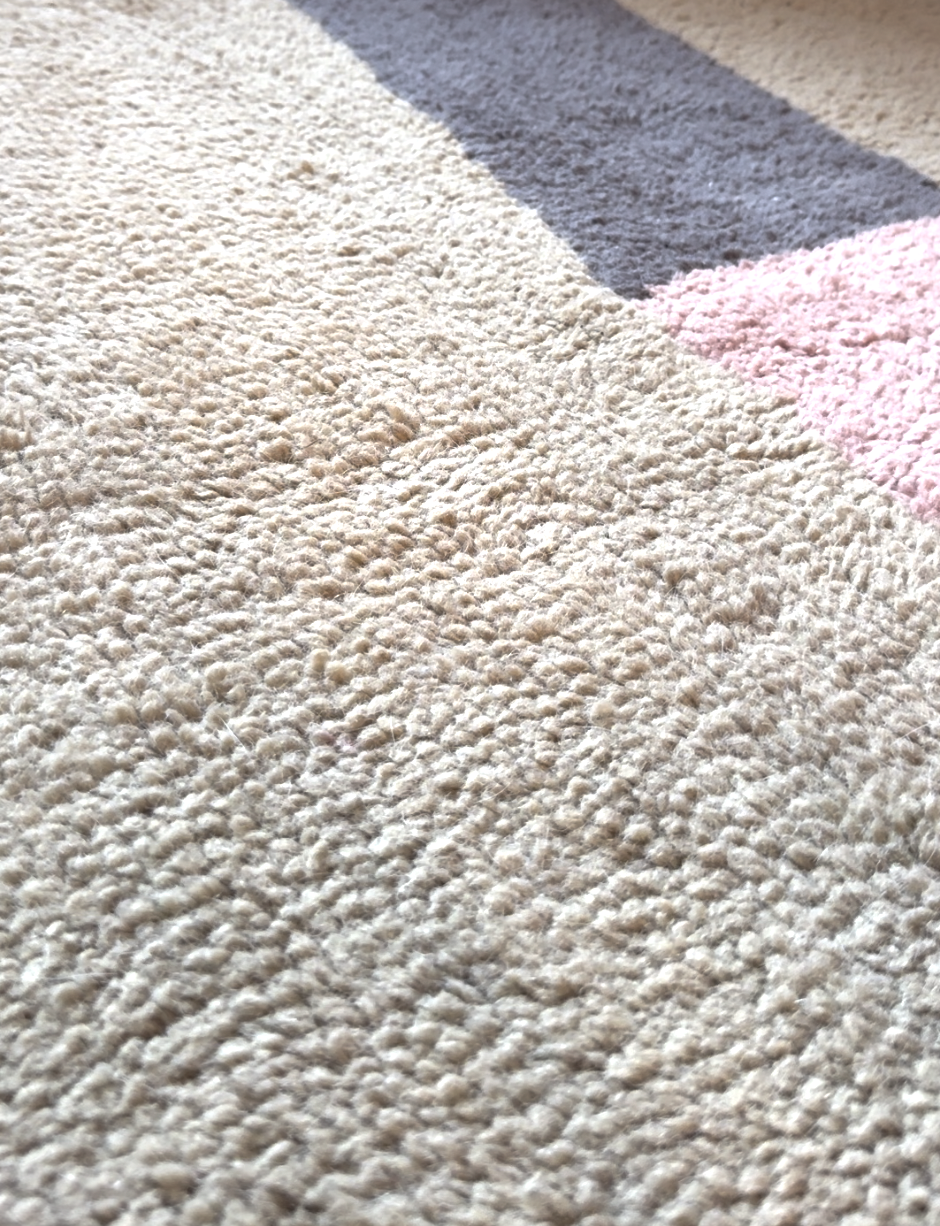 Close-up of a textured beige carpet with sections of gray and pink in the background, illuminated by natural light.
