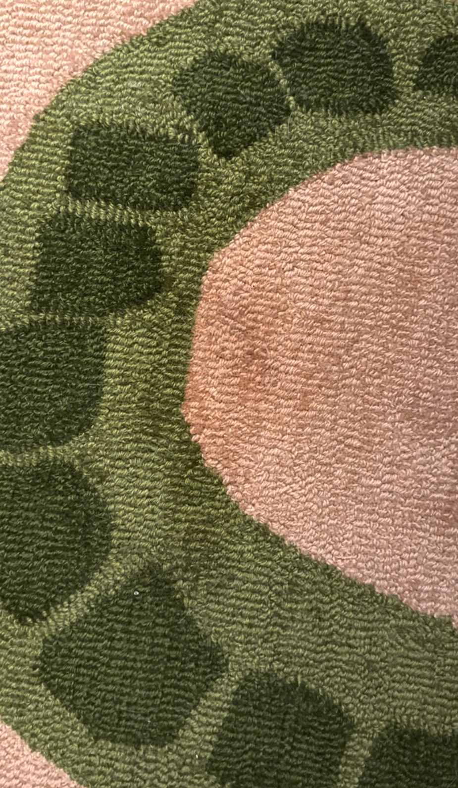 Close-up of a textured carpet with a large green curved pattern bordered by smaller green shapes on a pink background.