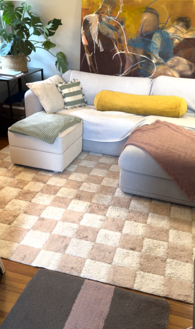 A light gray sectional sofa with assorted pillows and throws sits on a beige checkered rug, next to a side table with a plant and abstract artwork on the wall behind.