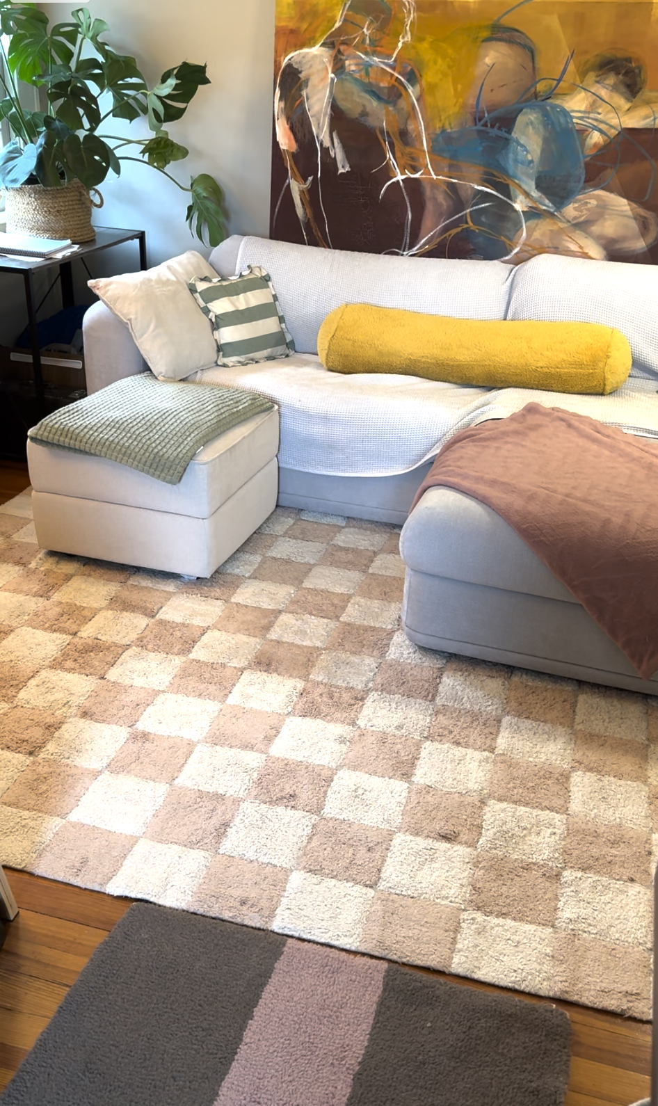 A light gray sectional sofa with assorted pillows and throws sits on a beige checkered rug, next to a side table with a plant and abstract artwork on the wall behind.