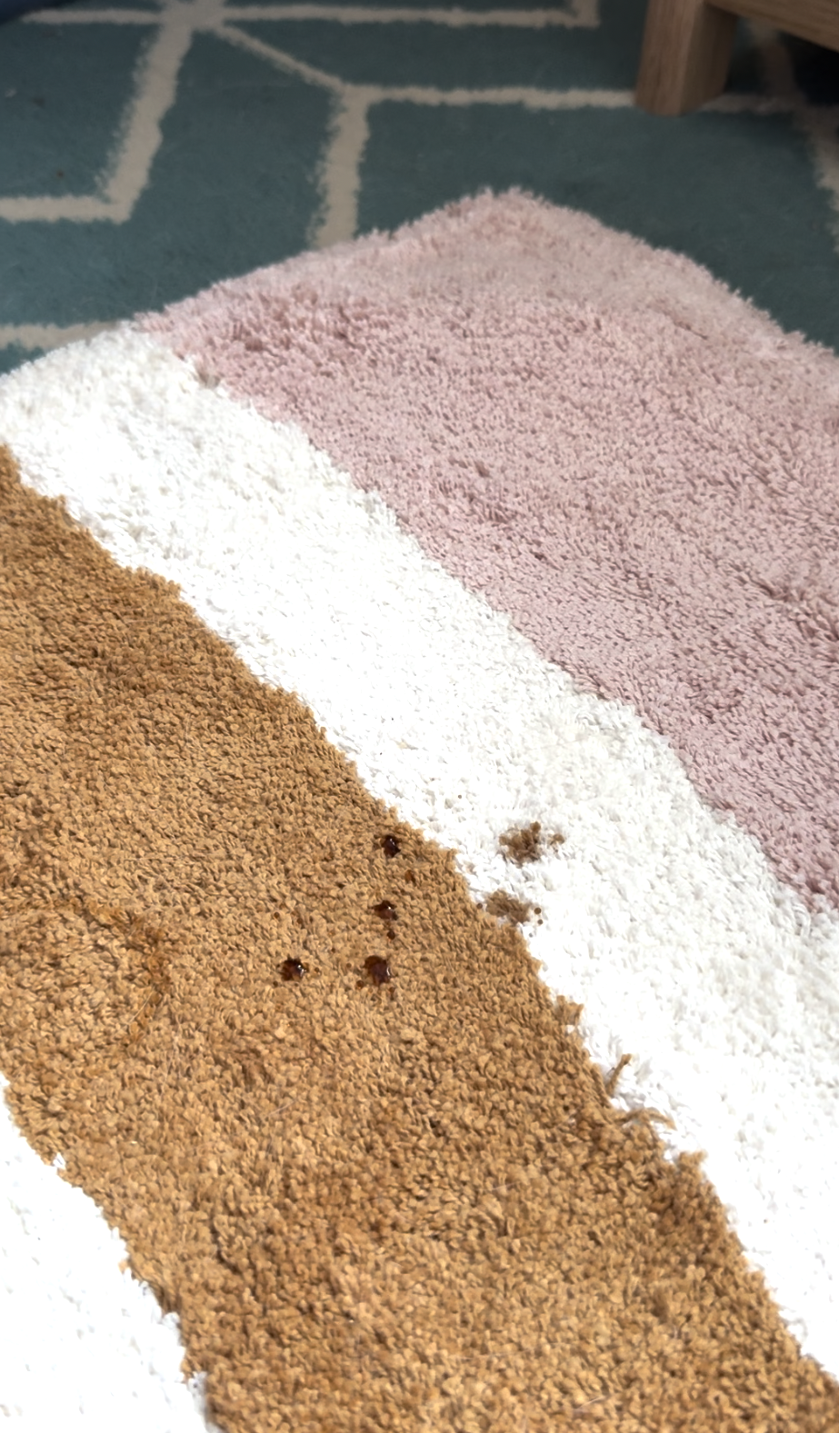 Close-up of a multicolored rug with brown, white, and pink sections; small dark stains are visible on the brown area.