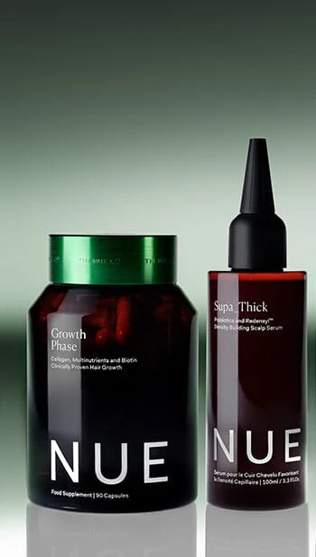 Two NUE hair care products: a jar labeled "Growth Phase" food supplement with 90 capsules, and a bottle labeled "Supa Thick" scalp serum with a pointed applicator tip.