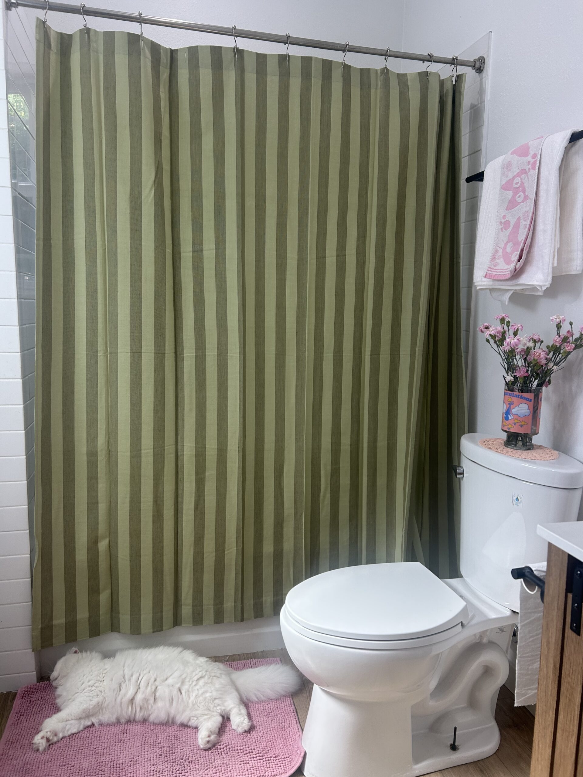 White cat lying on a pink rug next to a toilet in a bathroom with a green striped shower curtain and towels on the wall.