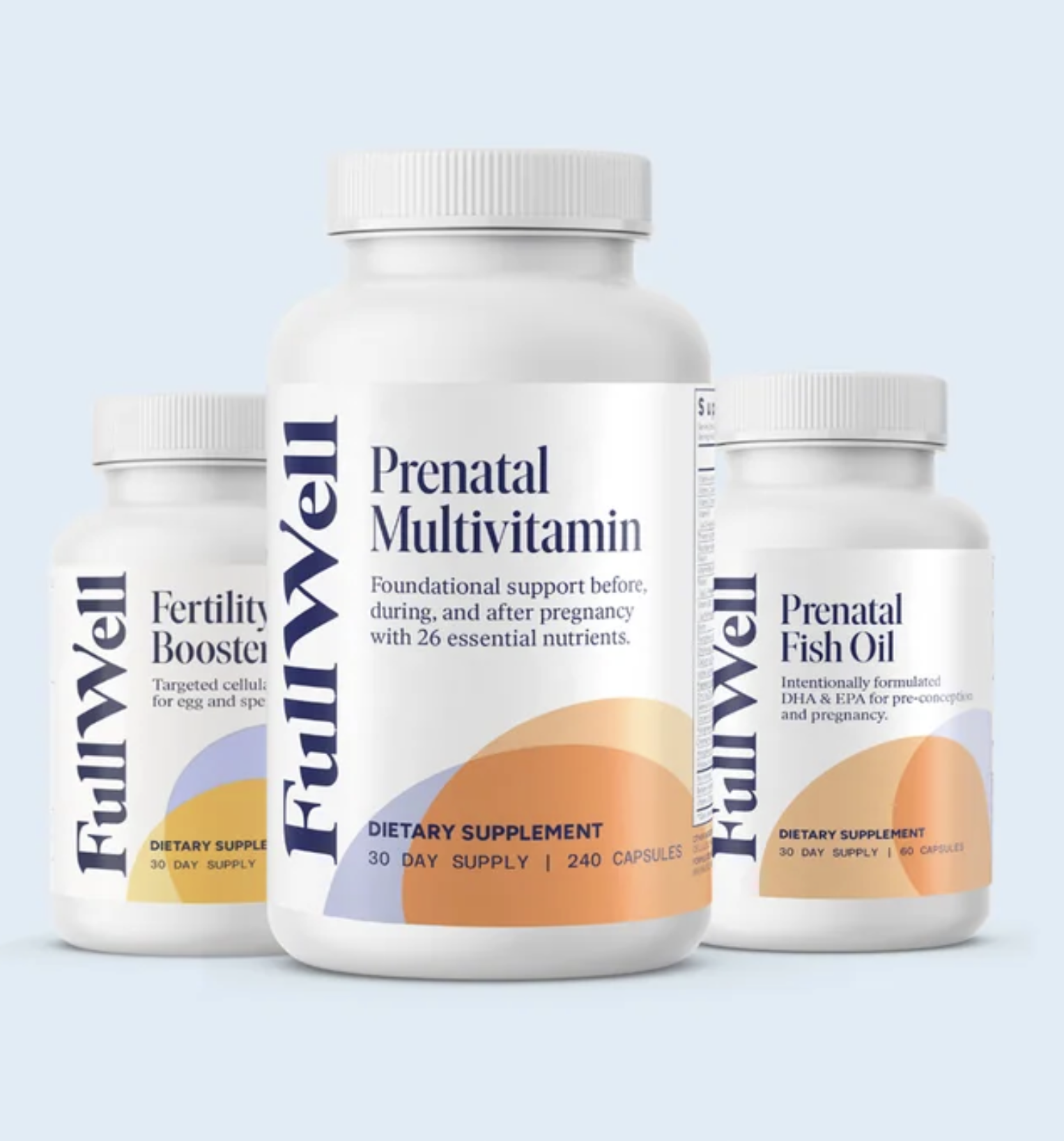 Three FullWell supplement bottles are shown: Prenatal Multivitamin, Fertility Booster, and Prenatal Fish Oil, arranged against a light blue background.