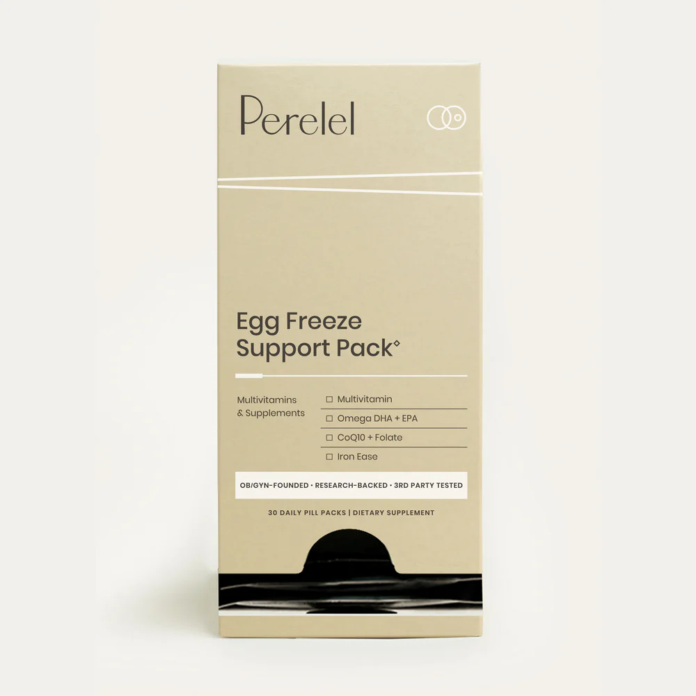 A beige box labeled “Perelel Egg Freeze Support Pack” containing 30 daily pill packs for multivitamins and supplements.