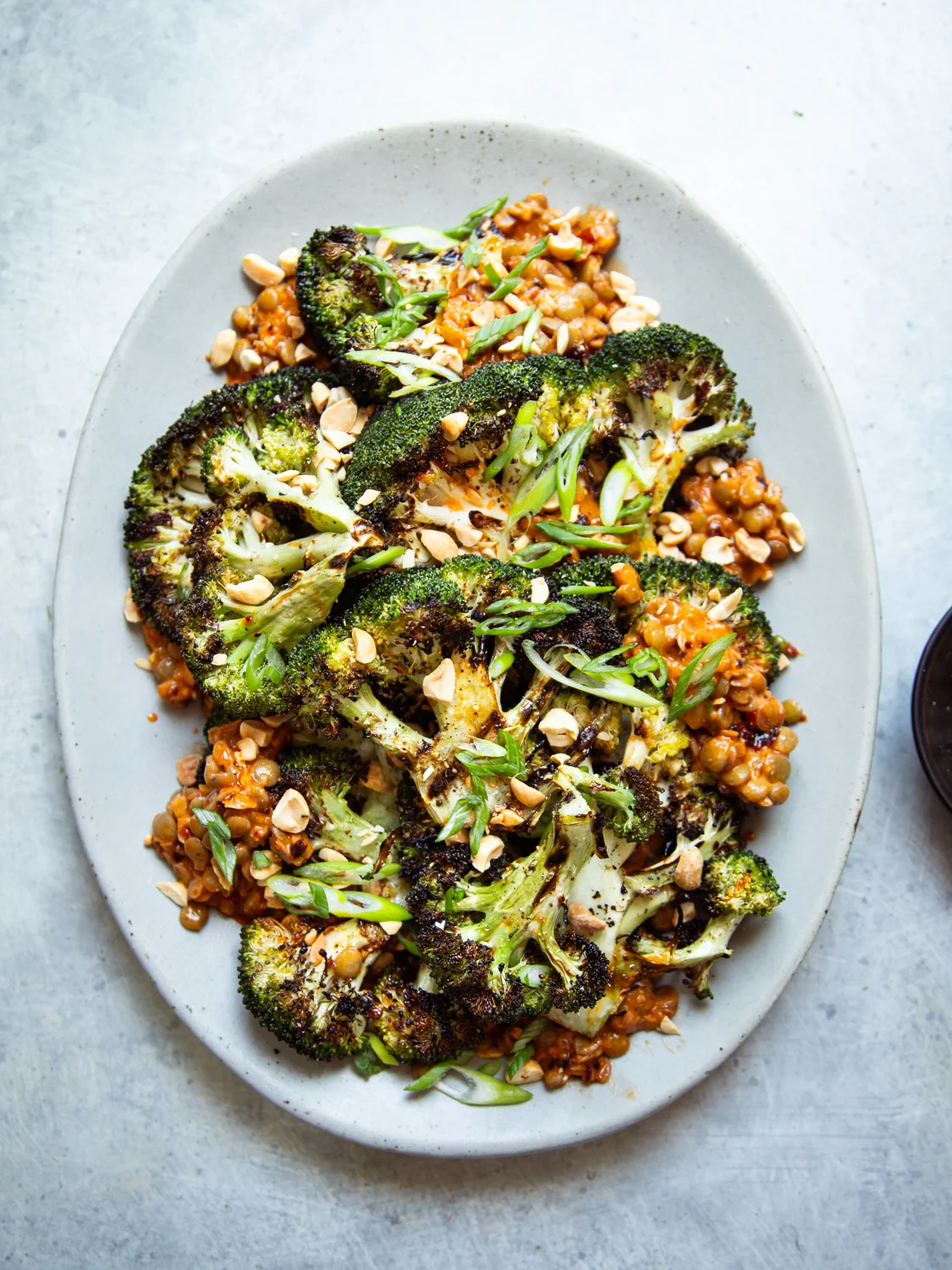 Roasted broccoli steaks topped with chopped peanuts and sliced scallions, served over a bed of saucy chickpeas on an oval white plate.