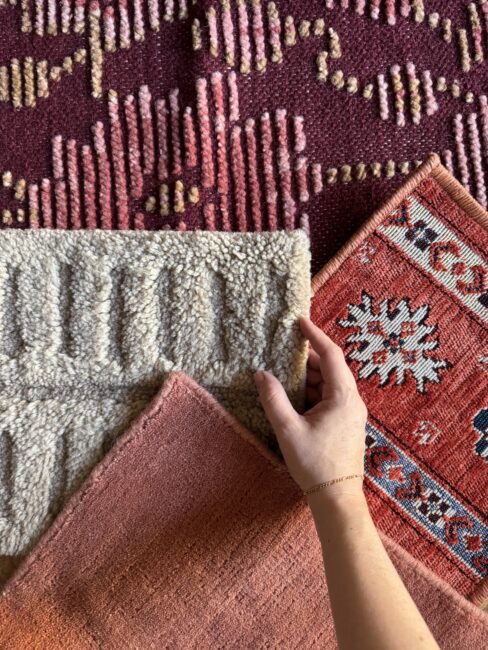 A hand holds a beige textured rug sample, surrounded by three rugs in shades of red and pink with different patterns and textures.