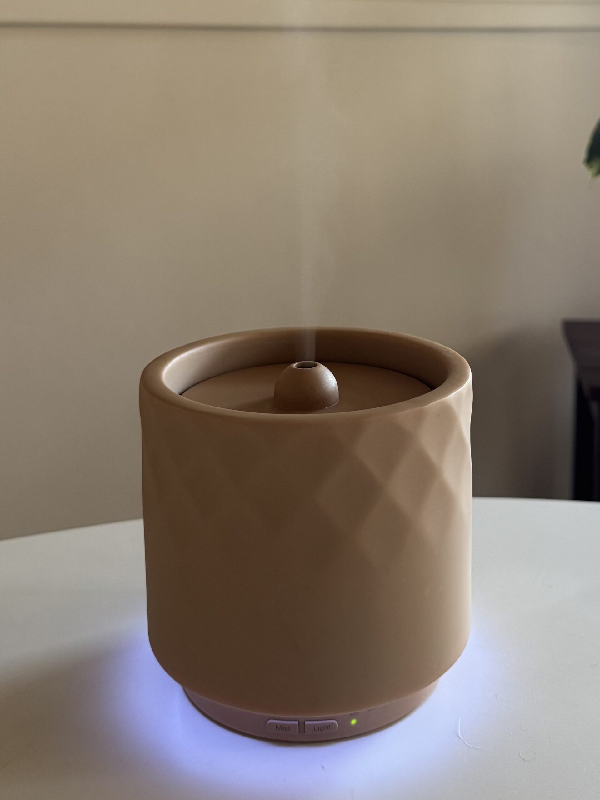 A beige essential oil diffuser emits mist on a white table, with a potted plant and window in the background.