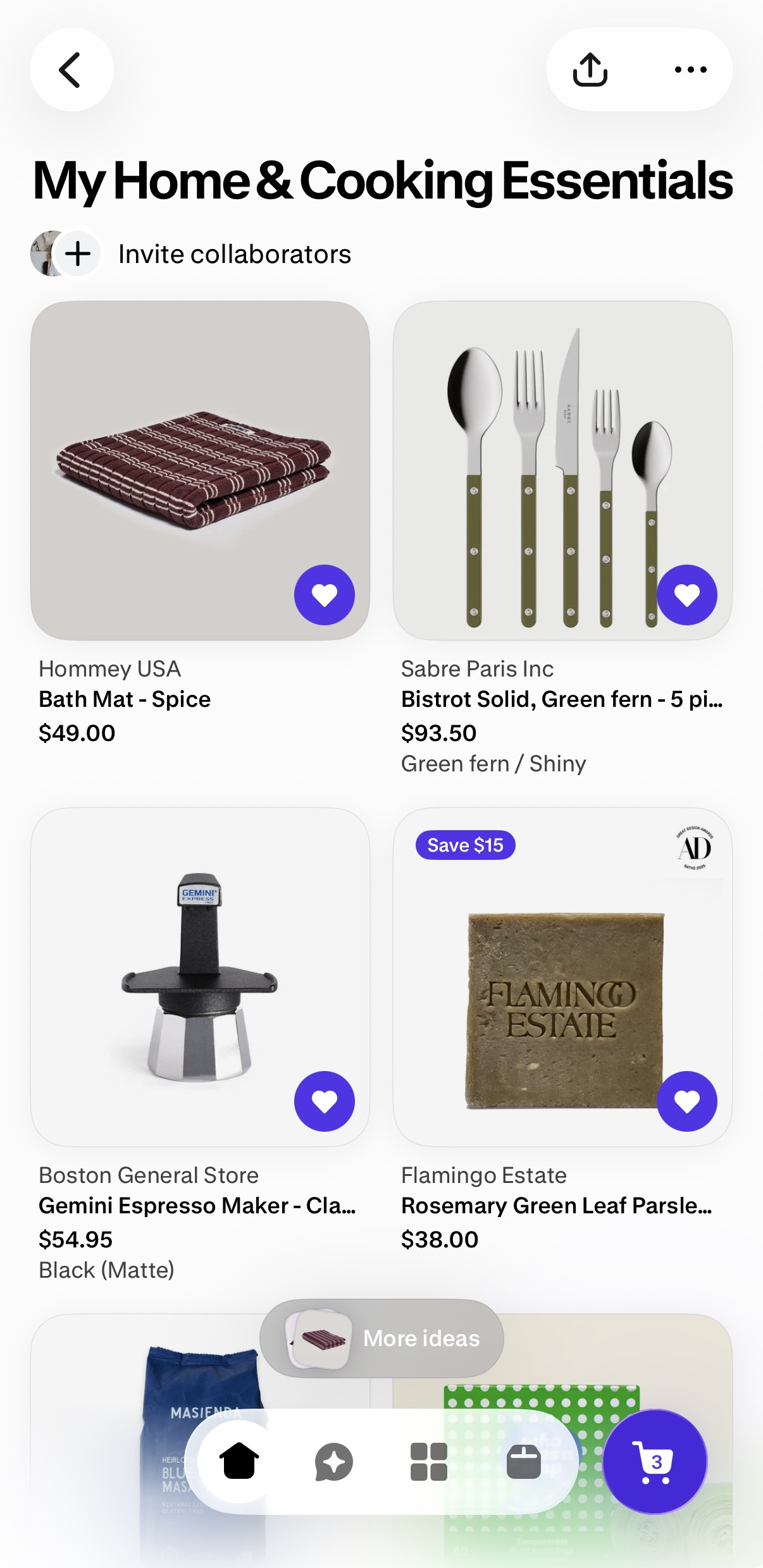 A shopping interface showing four home products: a bath mat, a five-piece flatware set, an espresso maker, and a bar of soap, with prices and brand names listed for each.
