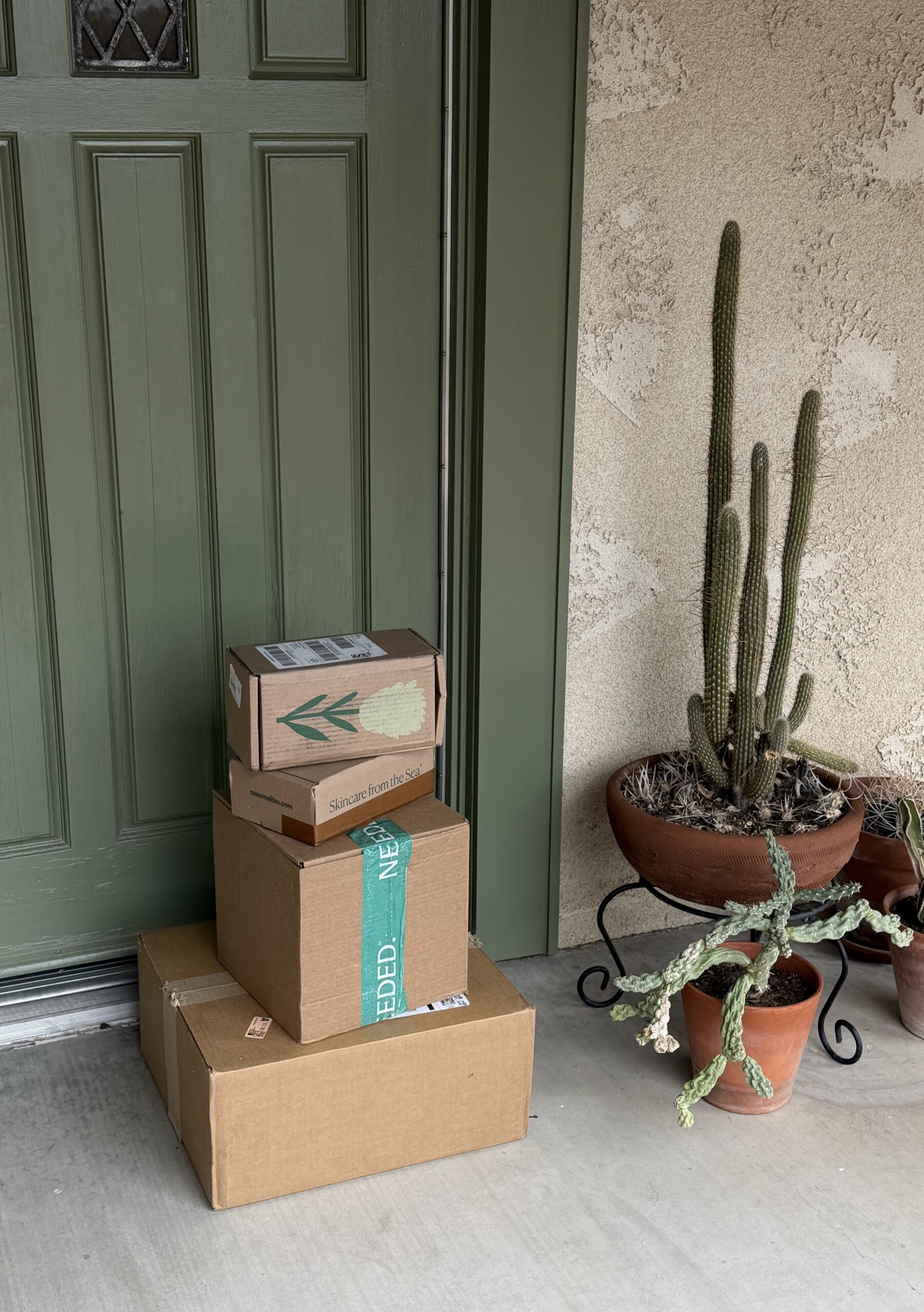 A stack of four cardboard shipping boxes sitting on a porch next to two potted cacti and a green front door.