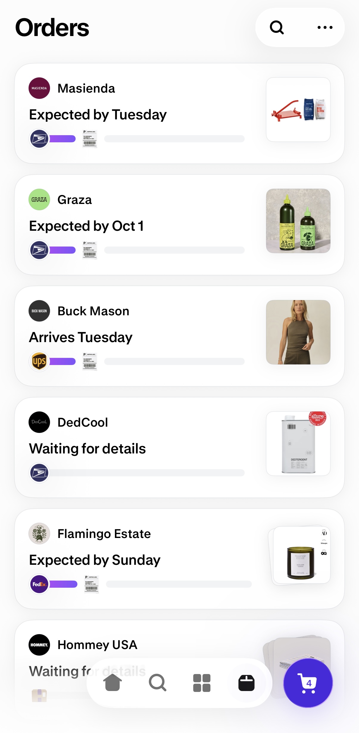A mobile app screen displaying a list of six active online orders with tracking progress bars, delivery dates, and product thumbnail images.