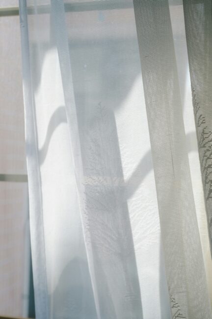 Sheer white curtains hanging in front of a window, with shadows of plants cast onto the fabric.