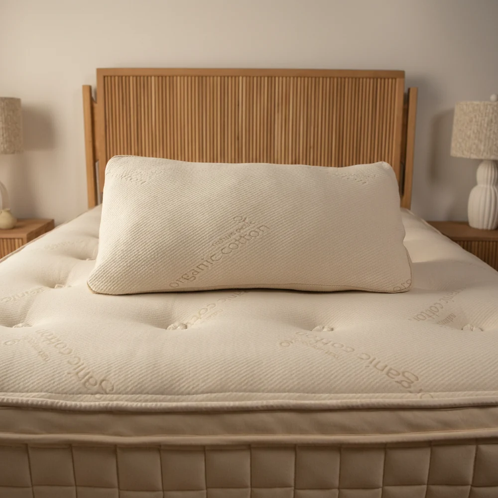 A rectangular organic cotton pillow resting on a mattress in front of a wooden headboard.